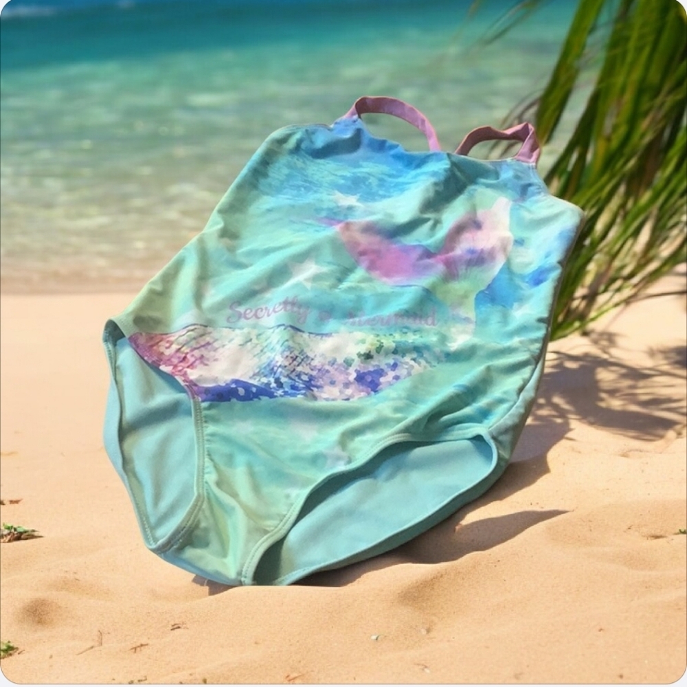 Wonder nation, one piece bathing suit size 10/13L blue, purple, pink mer…